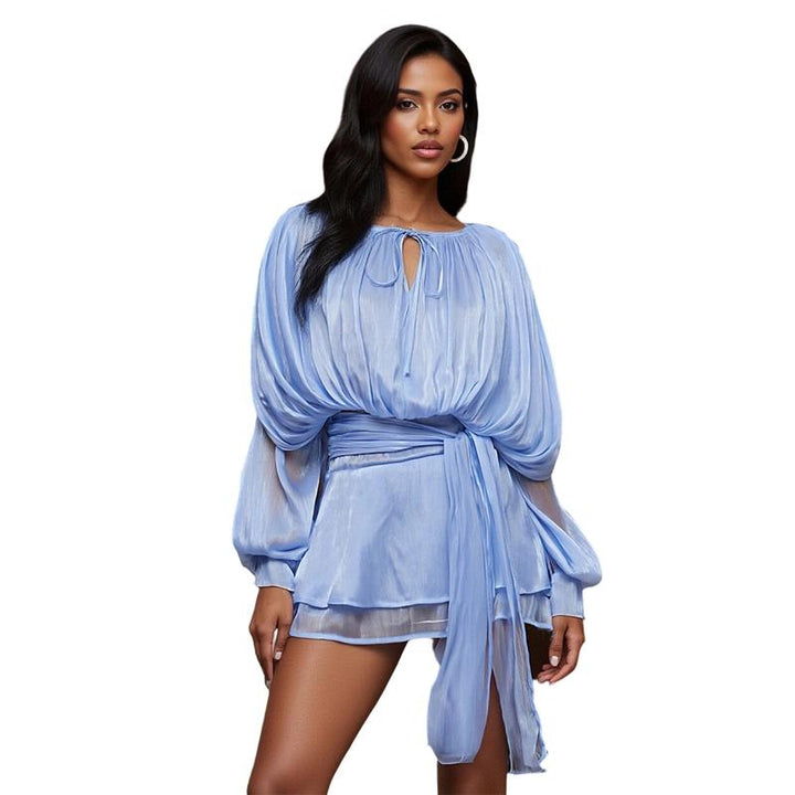 SARA™ - Ruffle Skirt Two-Piece with Lantern Sleeves &amp; Tie-up Front