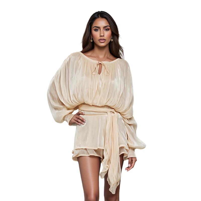 SARA™ - Ruffle Skirt Two-Piece with Lantern Sleeves &amp; Tie-up Front
