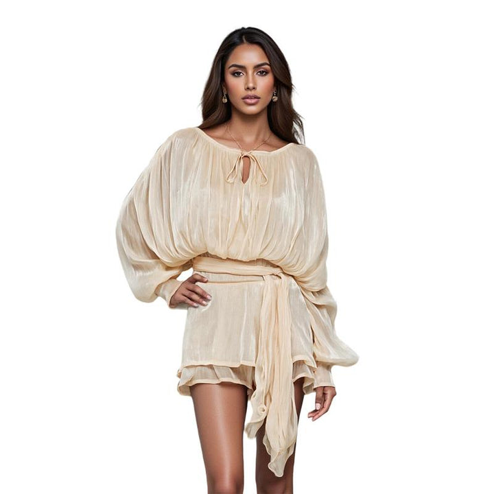 SARA™ - Ruffle Skirt Two-Piece with Lantern Sleeves &amp; Tie-up Front