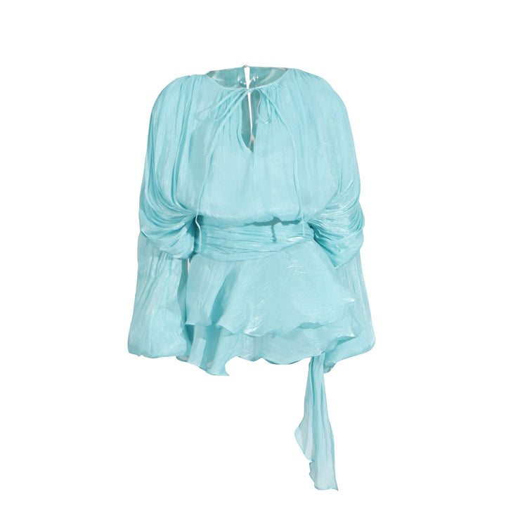 SARA™ - Ruffle Skirt Two-Piece with Lantern Sleeves &amp; Tie-up Front