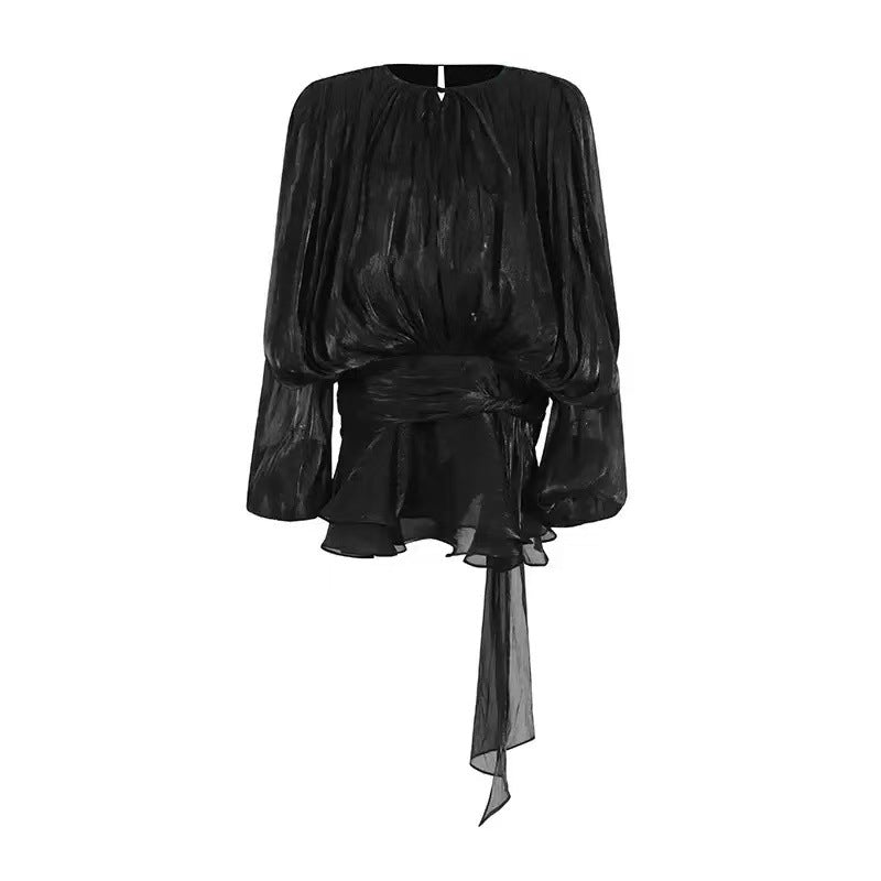 SARA™ - Ruffle Skirt Two-Piece with Lantern Sleeves &amp; Tie-up Front