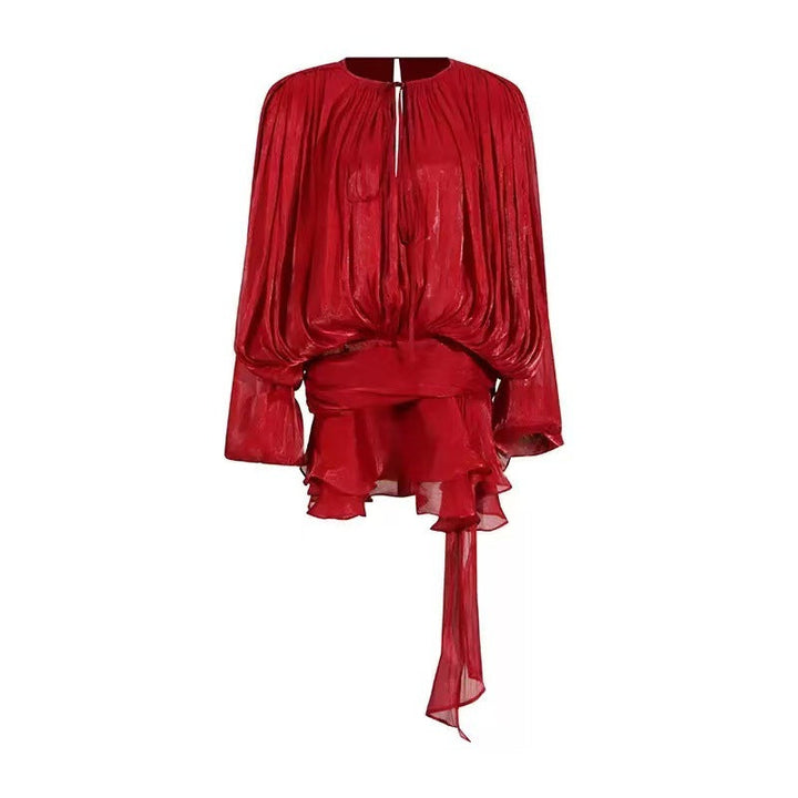 SARA™ - Ruffle Skirt Two-Piece with Lantern Sleeves &amp; Tie-up Front