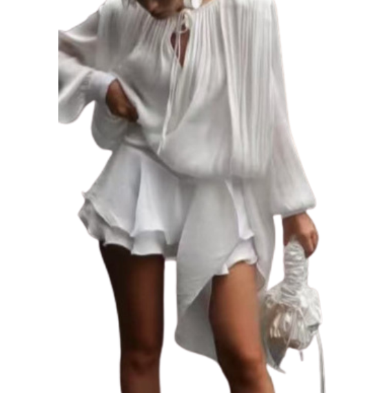 SARA™ - Ruffle Skirt Two-Piece with Lantern Sleeves &amp; Tie-up Front