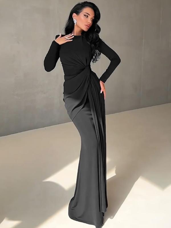JOSALIE™ - Elegant Ruched Bodycon Dress with Padded Shoulders &amp; Long Sleeve