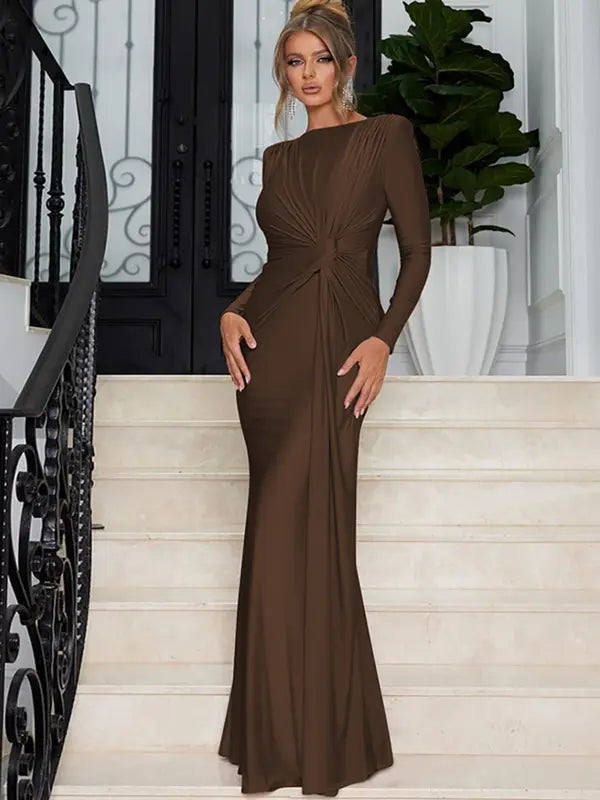JOSALIE™ - Elegant Ruched Bodycon Dress with Padded Shoulders &amp; Long Sleeve